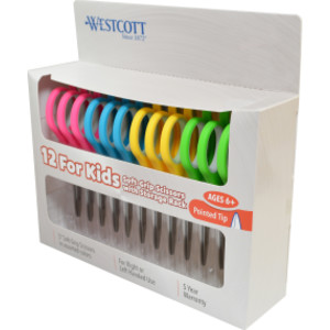 Soft Handle 5" Kids Scissors Classpack with Storage Rack, Pointed, Pack of 12