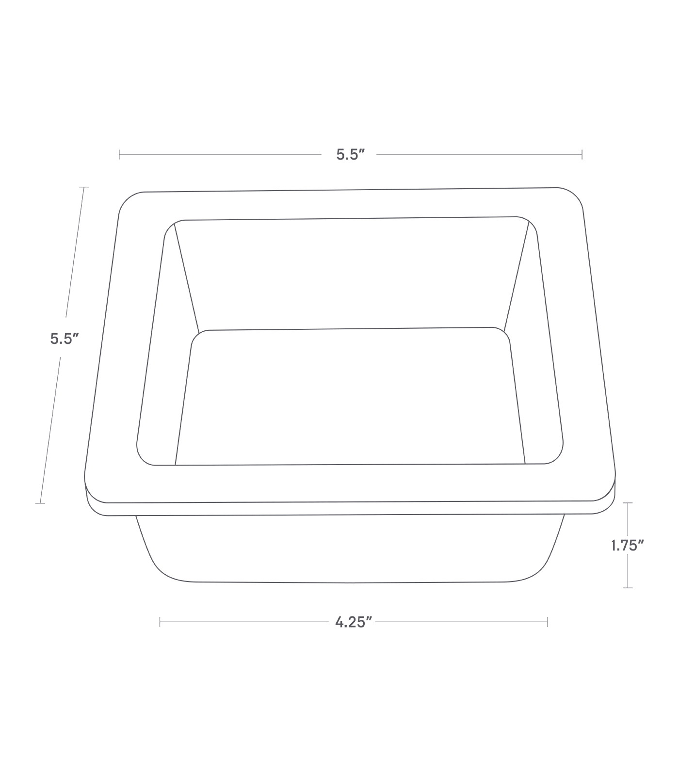 Dimension image for Replacement Ceramic Bowl for Pet Food Bowlon a white background showinglength of 4.25 inches with a width of 4.25 inches at the bottom, and a length of 5.5 inches with a width of 5.5 inches at the top. The height is 1.75 inches.