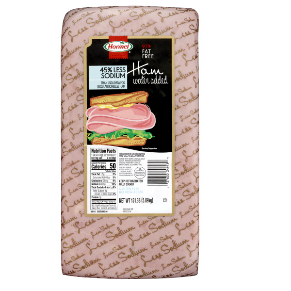 HORMEL(r) Cooked Ham, Water Added, Less Sodium, 97% Fat Free, 2/13 lb . C1N1 - Front No Plunge In Package (Hi Res)