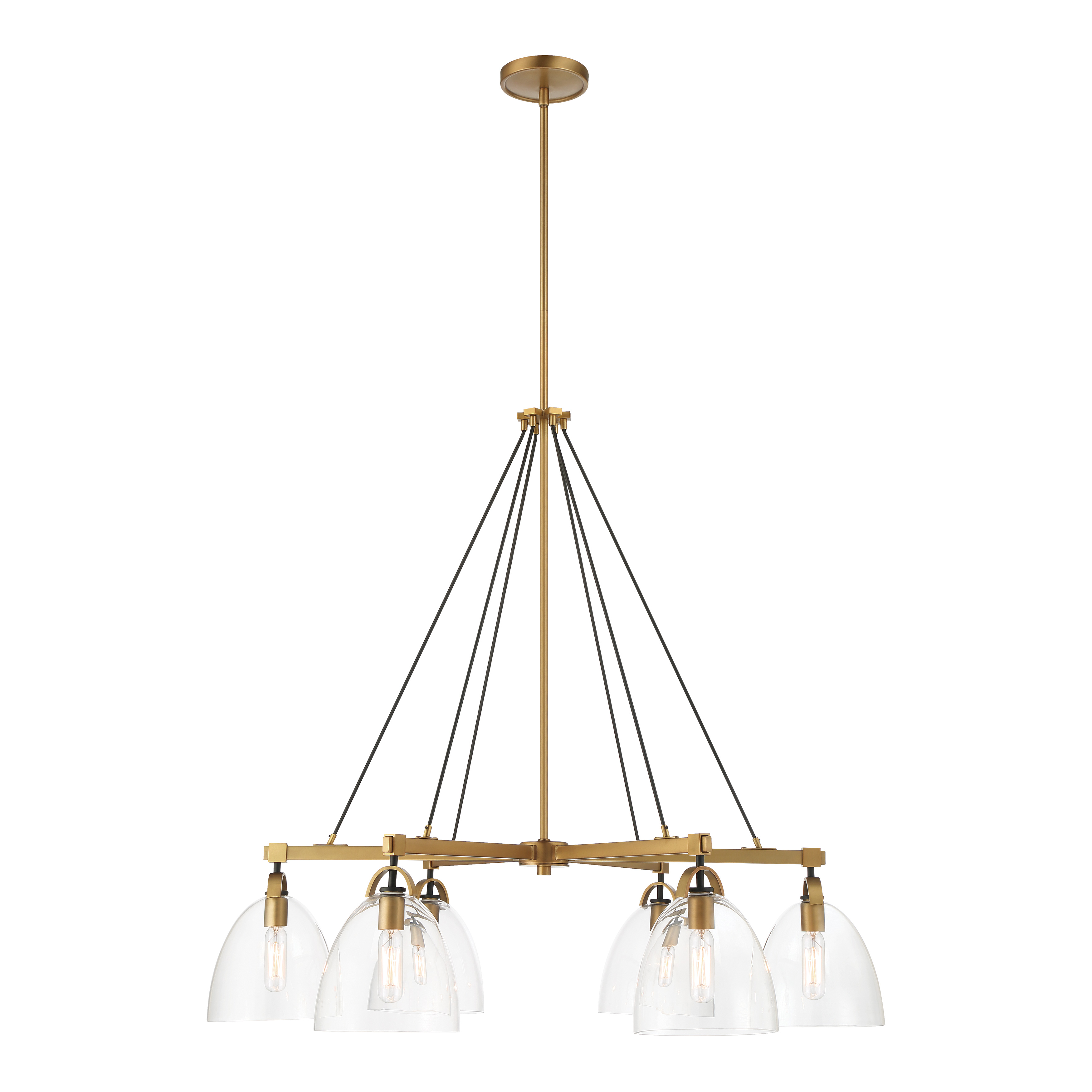 The Sommersby 36" chandelier combines warm Legacy Brass with modern Matte Black accents for a refined transitional look. Six candelabra lights with clear glass shades provide ample illumination while the substantial 36-inch width makes a statement over dining tables and kitchen islands. - alternate view