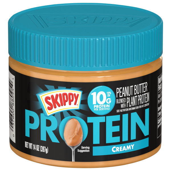 SKIPPY(r) Creamy Peanut Butter Blended with Plant Protein 6/14oz . C1C1 - Front Center In Package (Hi Res)