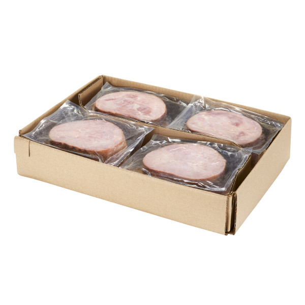 OLD TYME(r) Ham Steak, Boneless, 4 oz, 4/3 lb Avg. . C1RM - Front Right Open Case (Hi Res)