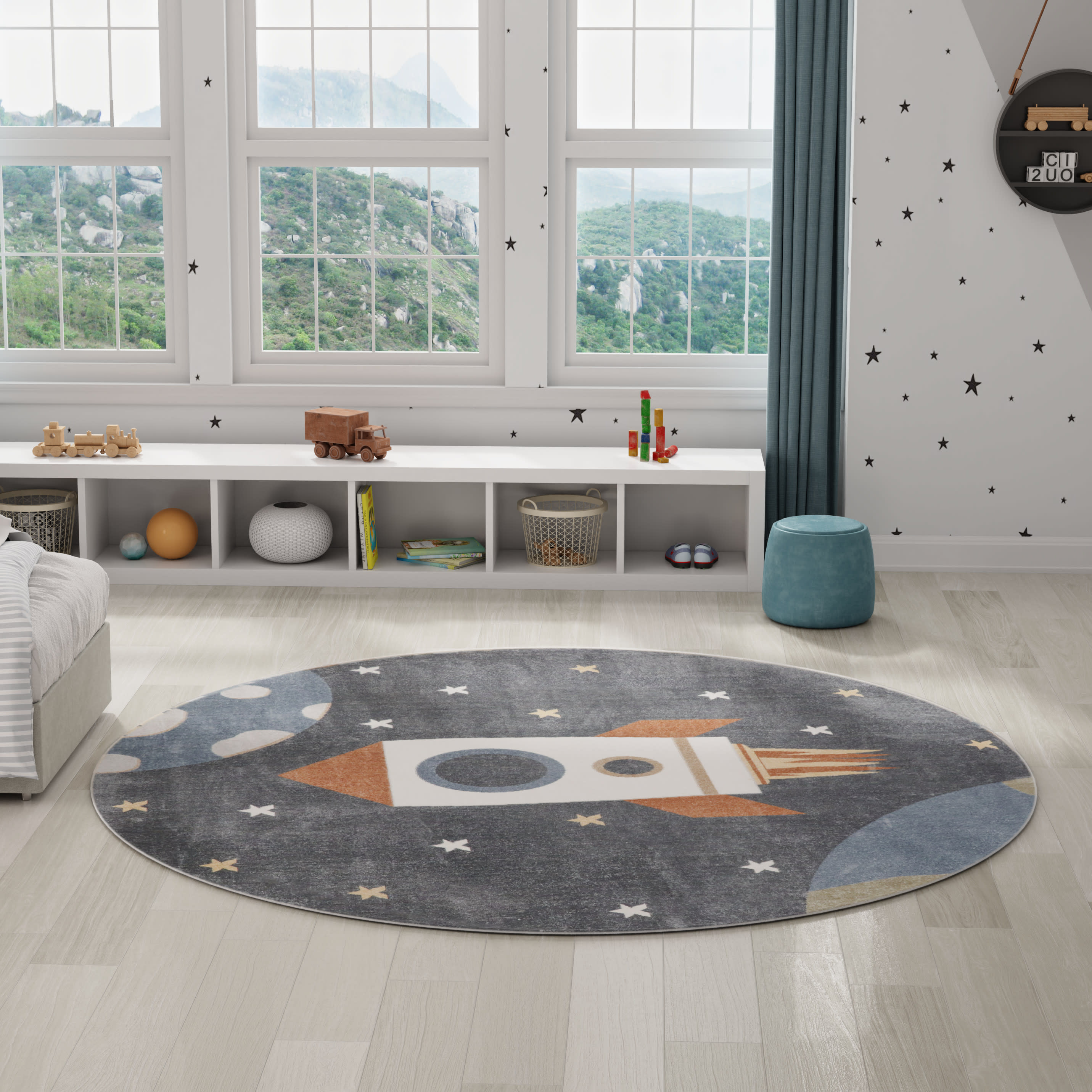 Nourison Astra Machine Washable 7'10" x Round Sky Blue Kids Indoor Rug