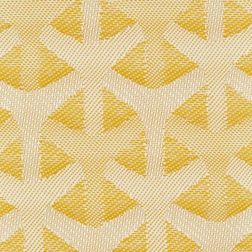 Woven upholstery fabric swatch, photographed flat: textured cream and mustard-yellow yarns forming repeating Y-shaped geometric motifs; close-up macro view, evenly lit with no surrounding room context.