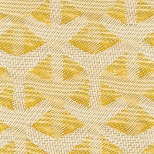 Woven upholstery fabric swatch, photographed flat: textured cream and mustard-yellow yarns forming repeating Y-shaped geometric motifs; close-up macro view, evenly lit with no surrounding room context.