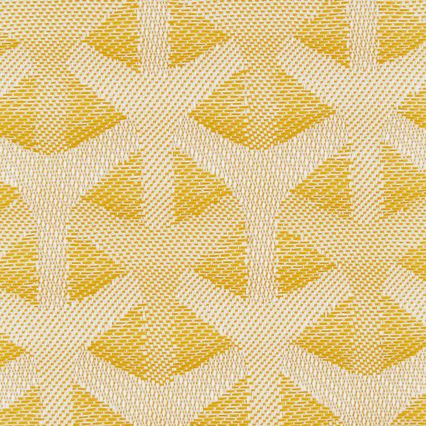 Woven upholstery fabric swatch, photographed flat: textured cream and mustard-yellow yarns forming repeating Y-shaped geometric motifs; close-up macro view, evenly lit with no surrounding room context.