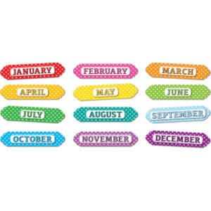 Magnetic Die-Cut Timesavers & Labels, Months of the Year, White Polka Dots On Assorted Colors, 12 Pieces