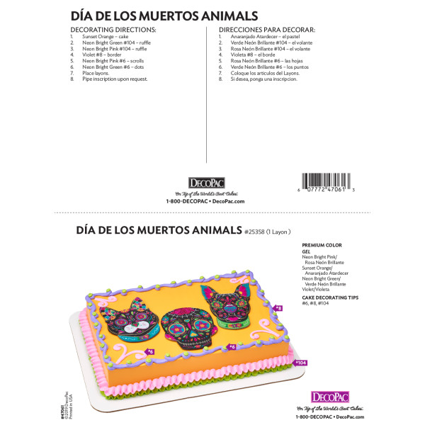 Día de los Muertos Animals Layon Cake Decorating Instruction Card
