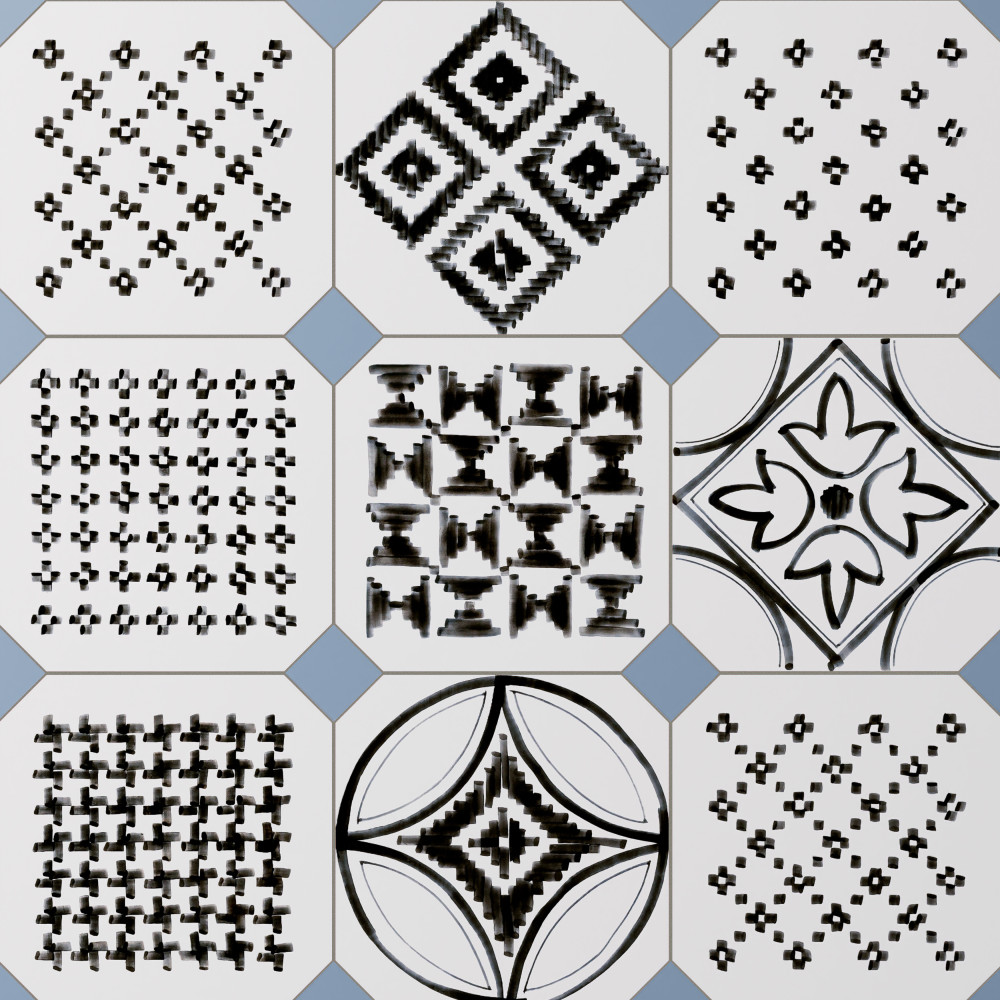Vaudeville Octagon Deco Sombra with Taco Azzuro 7-7/8 in. x 7-7/8 in. Porcelain Floor and Wall Tile