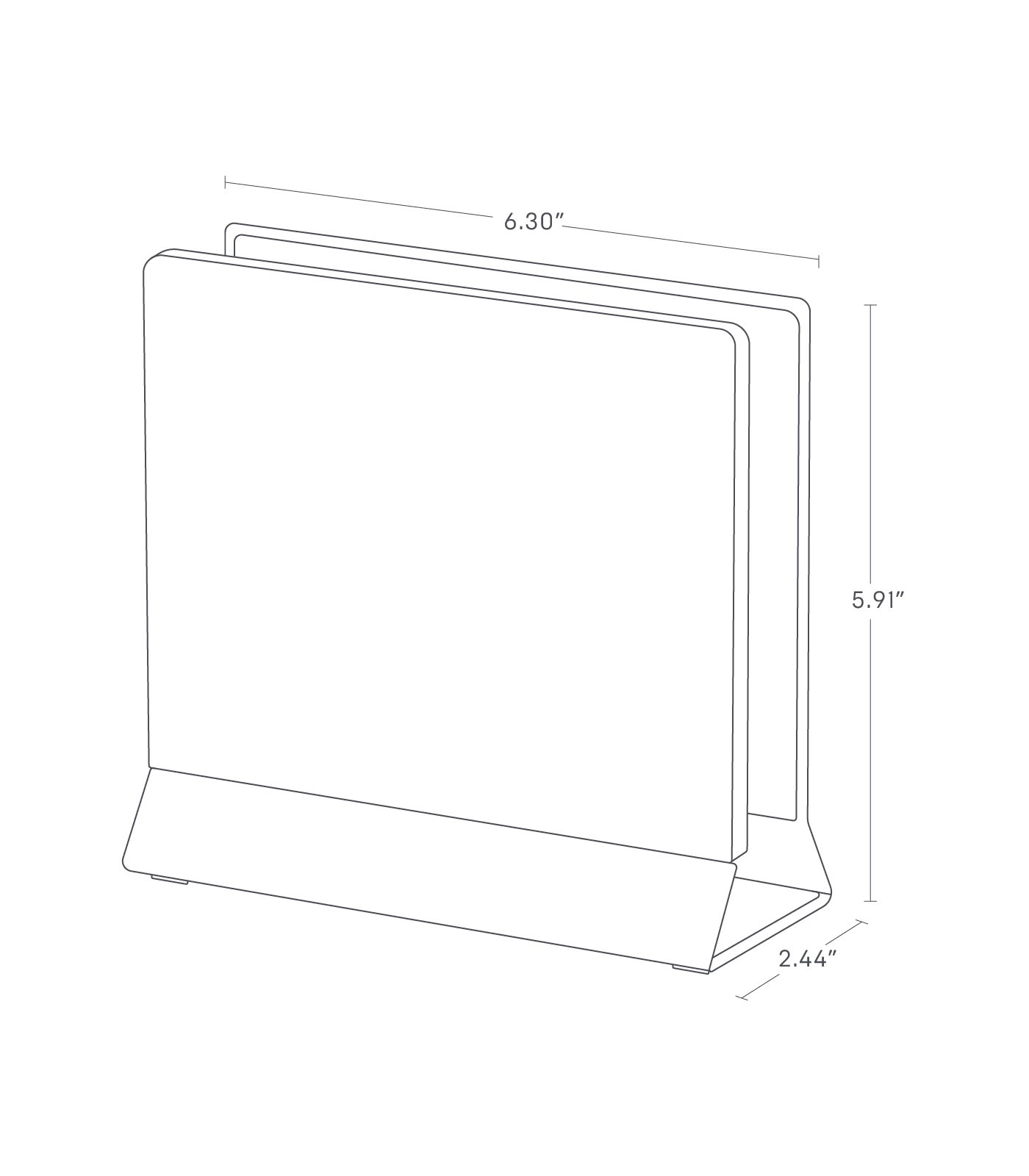 Dimension image for Slim Laptop Stand showing length of 6.30", width of 2.44" and height of 5.91"