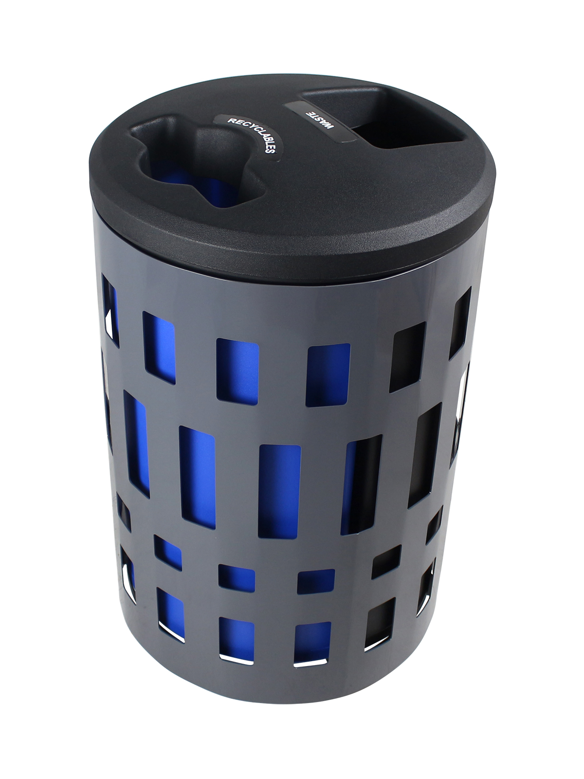 Busch Systems Vancouver double stream container with blue and black liners and black standard lid