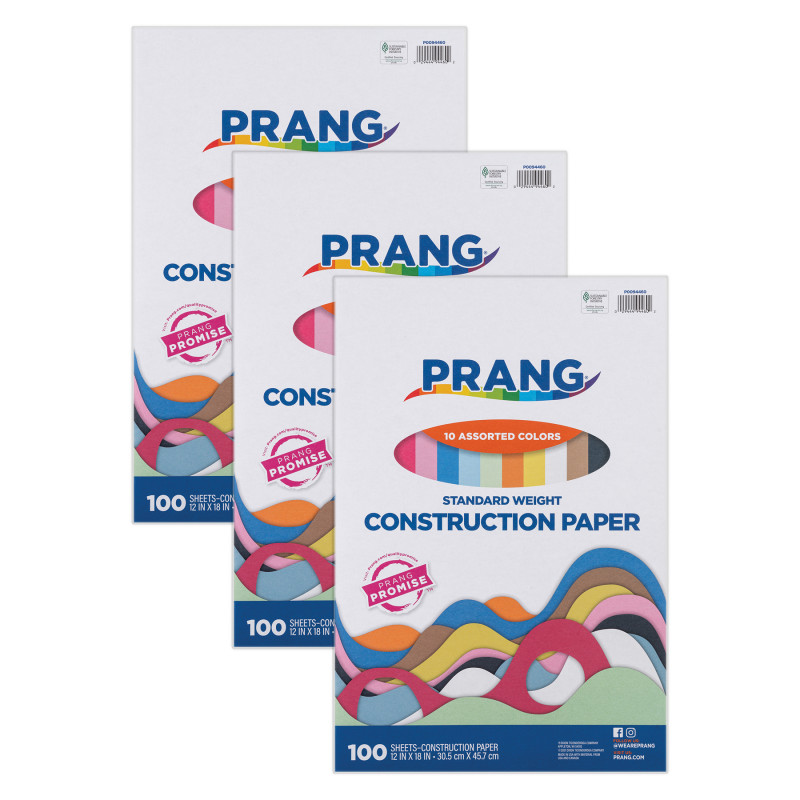 Construction Paper, Standard Weight, 10 Assorted Colors, 12" x 18", 100 Sheets Per Pack, 3 Packs