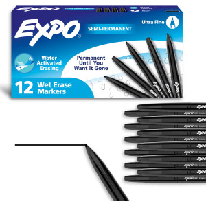 Vis-a-Vis&reg; Wet-Erase Markers,  Ultra Fine Tip, Black, Box of 12