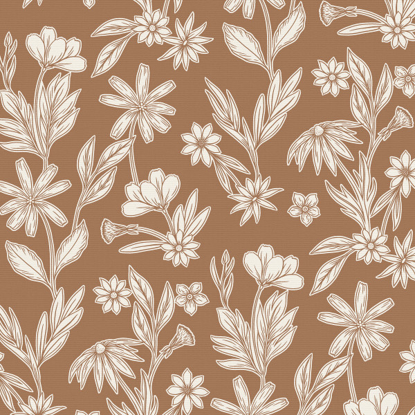 White hand-drawn wildflowers repeat across a warm brown background, stems and leaves intertwining to form an all-over seamless botanical pattern.