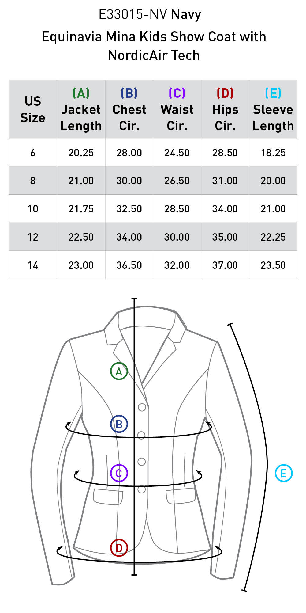 Size chart for Equinavia Mina Kids Show Coat with NordicAirÂ® Tech - Navy