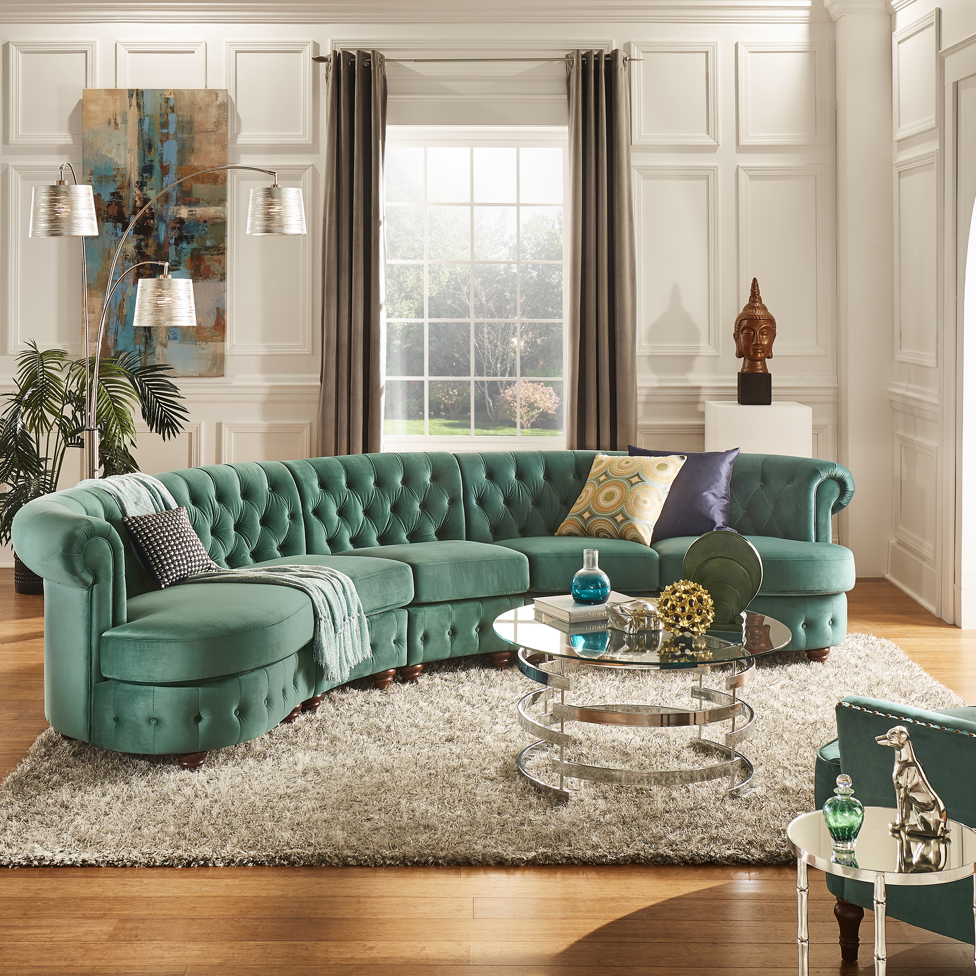 Velvet Tufted Scroll Arm Chesterfield 5-Seat Curved Sofa