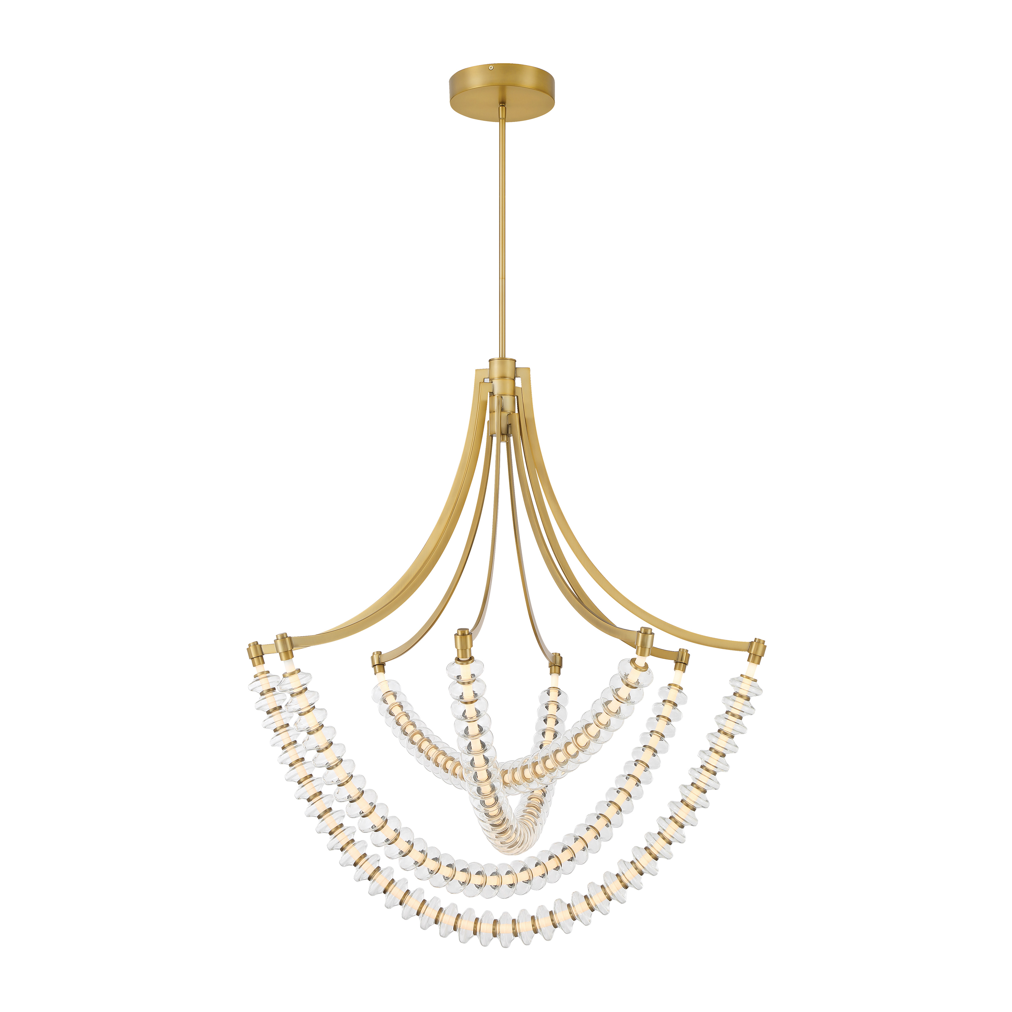The Pearl chandelier combines contemporary design with timeless brass elegance. At nearly 40 inches wide, this integrated LED fixture delivers 2700 lumens of dimmable, high-CRI light through clear glass elements, perfect for grand dining spaces. - alternate view