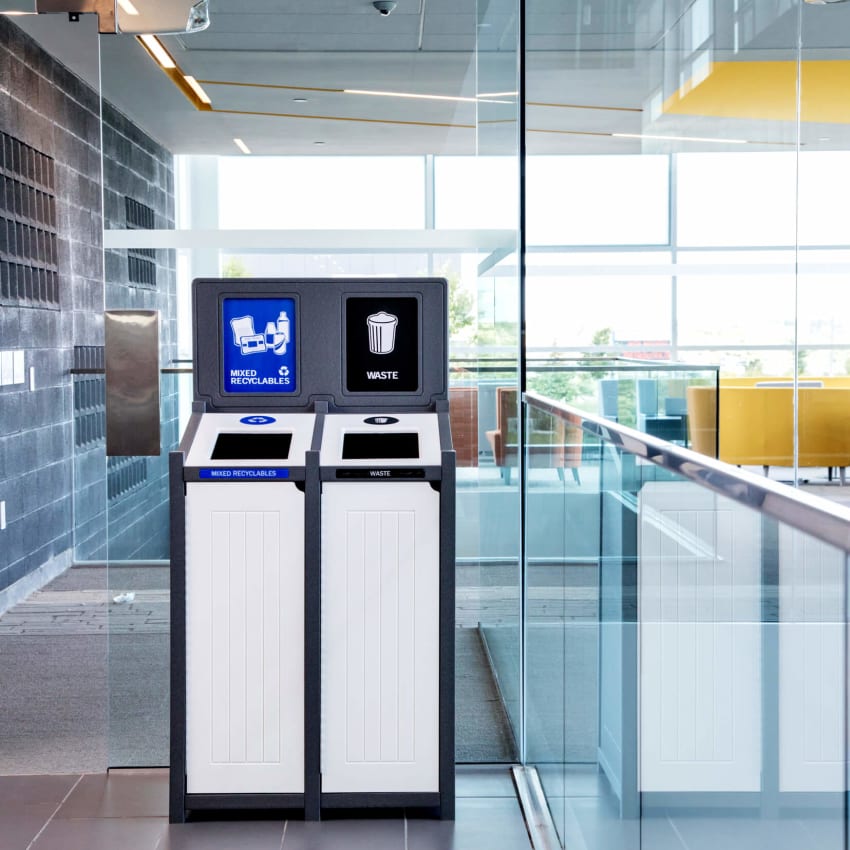 recycling and waste station made from recycled plastic lumber in a university