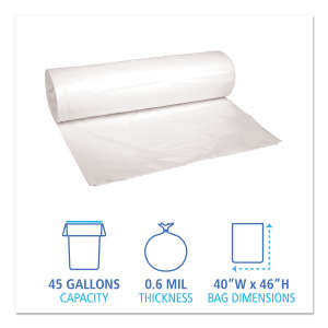 Boardwalk,  LLDPE Liner, 45 gal Capacity, 40 in Wide, 46 in High, 0.6 Mils Thick, White