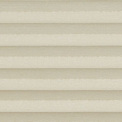 Honeycomb cellular shade, fully lowered with wide textured beige horizontal pleats; closed, softly diffusing warm daylight into a neutral interior and obscuring any exterior view.
