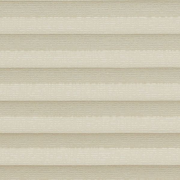 Honeycomb cellular shade, fully lowered with wide textured beige horizontal pleats; closed, softly diffusing warm daylight into a neutral interior and obscuring any exterior view.