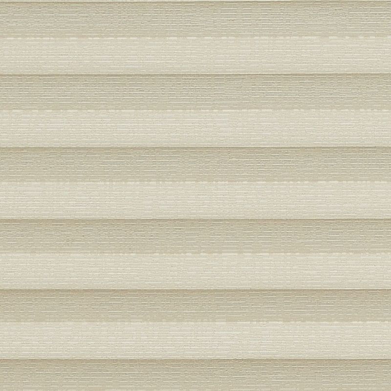 Honeycomb cellular shade, fully lowered with wide textured beige horizontal pleats; closed, softly diffusing warm daylight into a neutral interior and obscuring any exterior view.