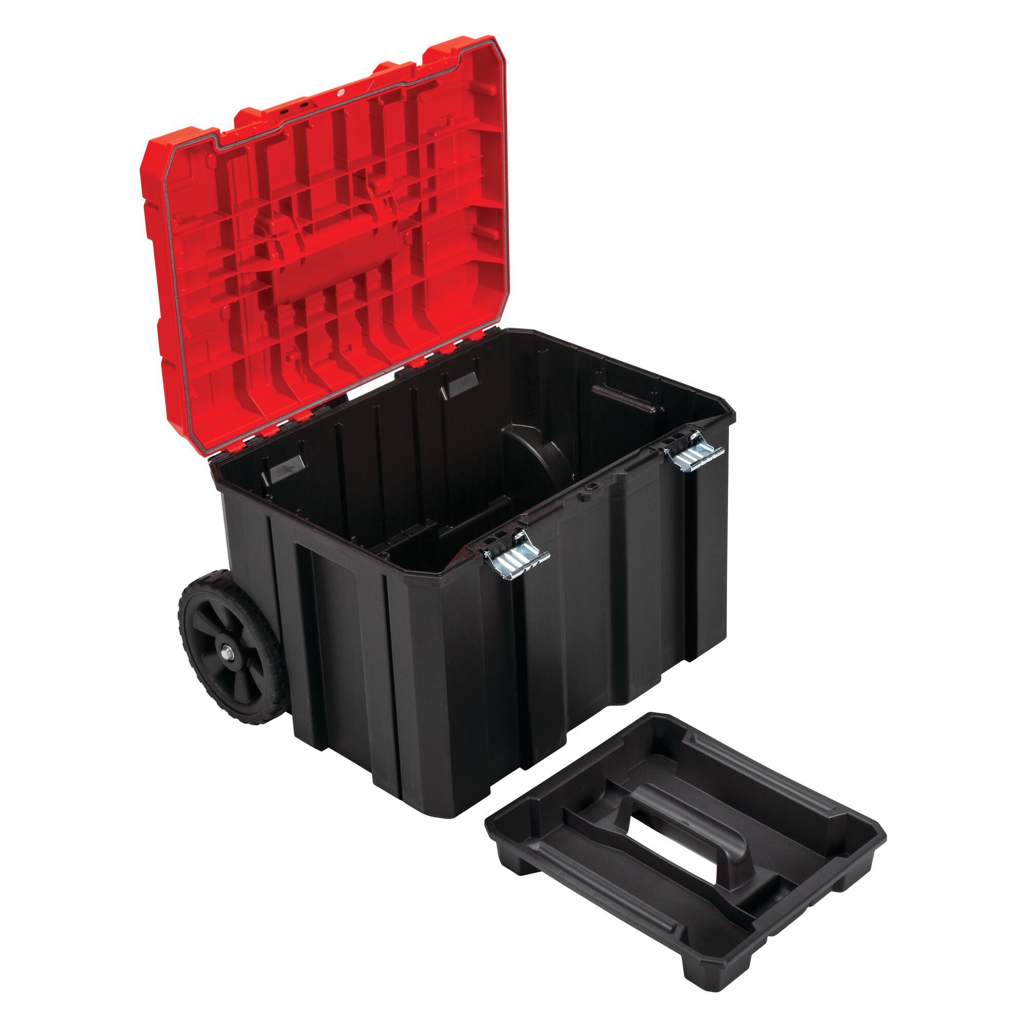 Removable tray feature of Versastack system 20 inch red plastic wheeled lockable tool box.