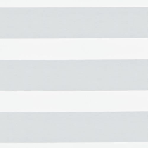 Horizontal striped roller blind with alternating opaque white and semi-translucent pale-gray bands, zebra style, aligned to cover a window and softly filter daylight; interior view with neutral lighting, no outside visible.