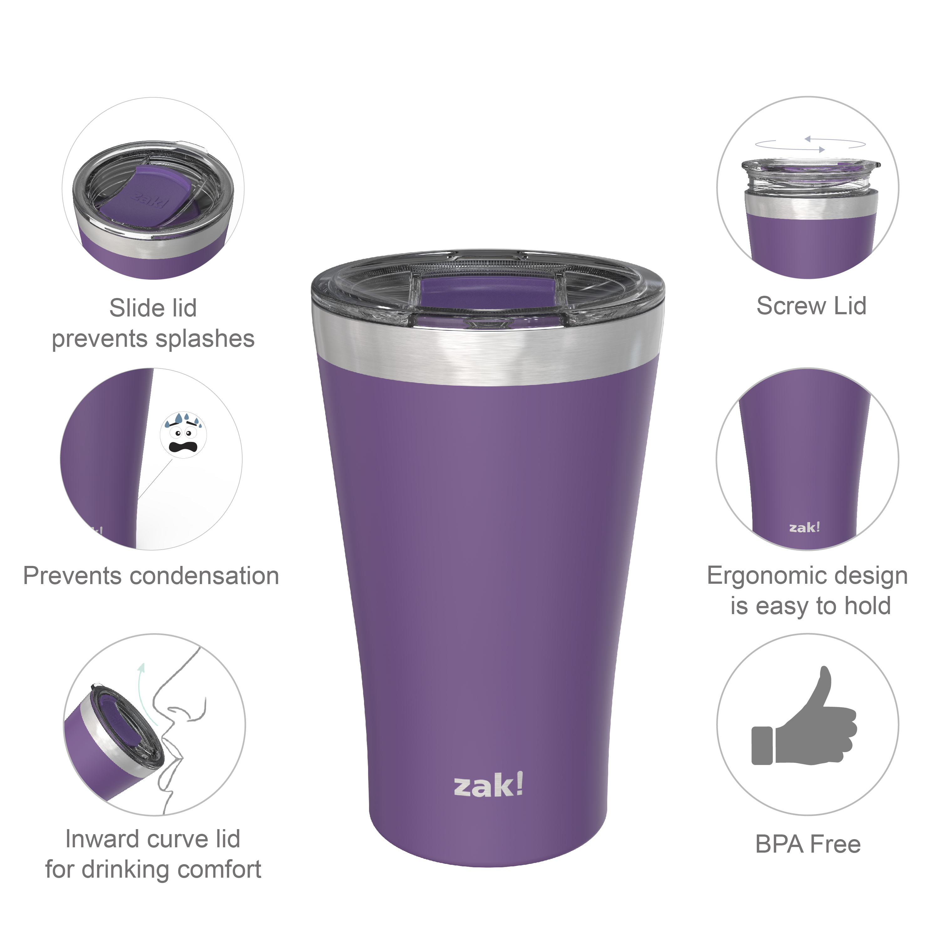 Zak Hydration 20 ounce Reusable Vacuum Insulated Stainless Steel Tumbler with Straw, Viola slideshow image 6 Zak Hydration 20 ounce Reusable Vacuum Insulated Stainless Steel Tumbler with Straw, Viola slideshow image 6