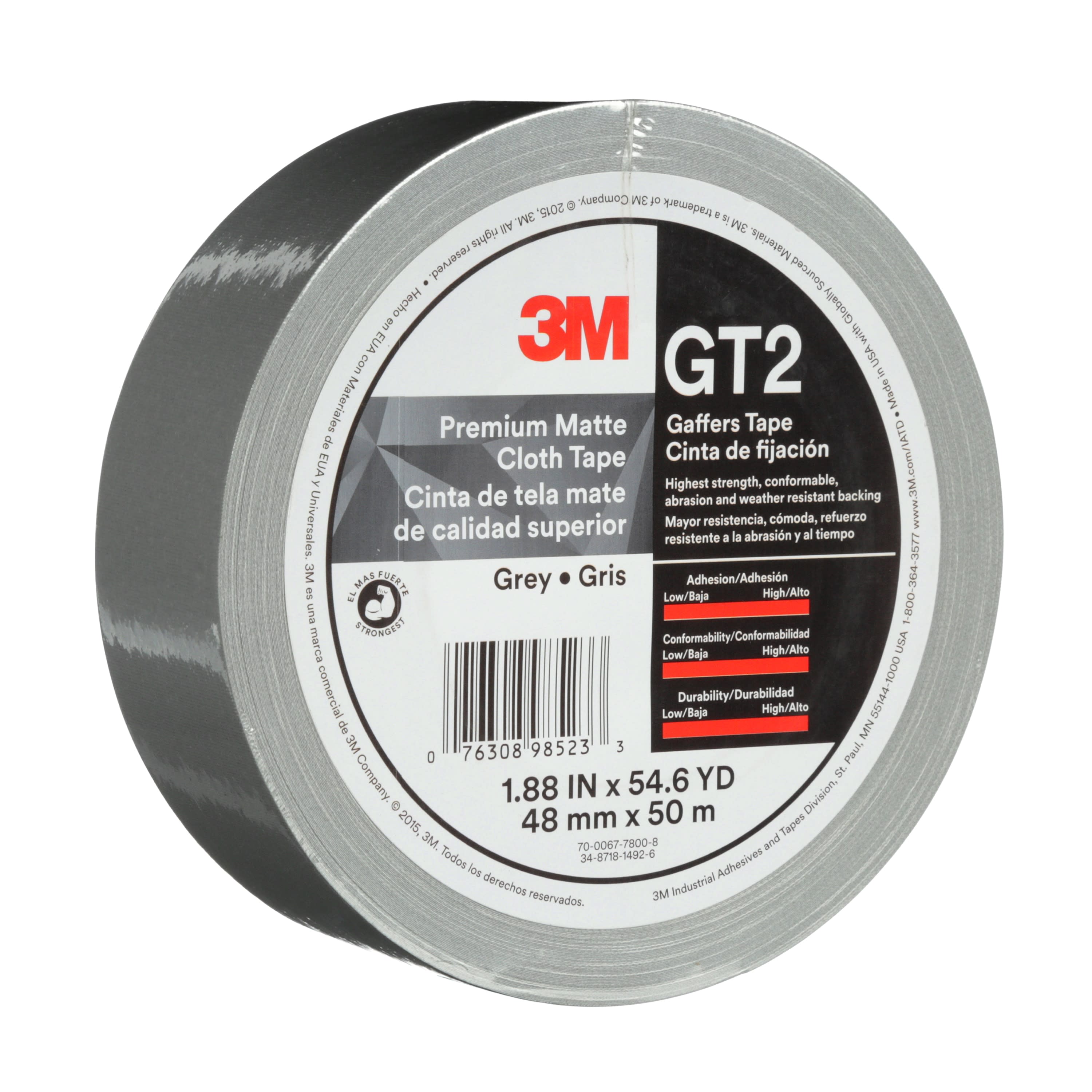 3M™ Premium Matte Cloth (Gaffers) Tape GT2, Grey, 48 mm x 50 m, 11 mil,
24 per case