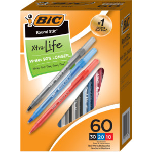 Round Stic&reg; Xtra Life Ballpoint Pen, Medium Point (1.0mm), Assorted, Box of 60