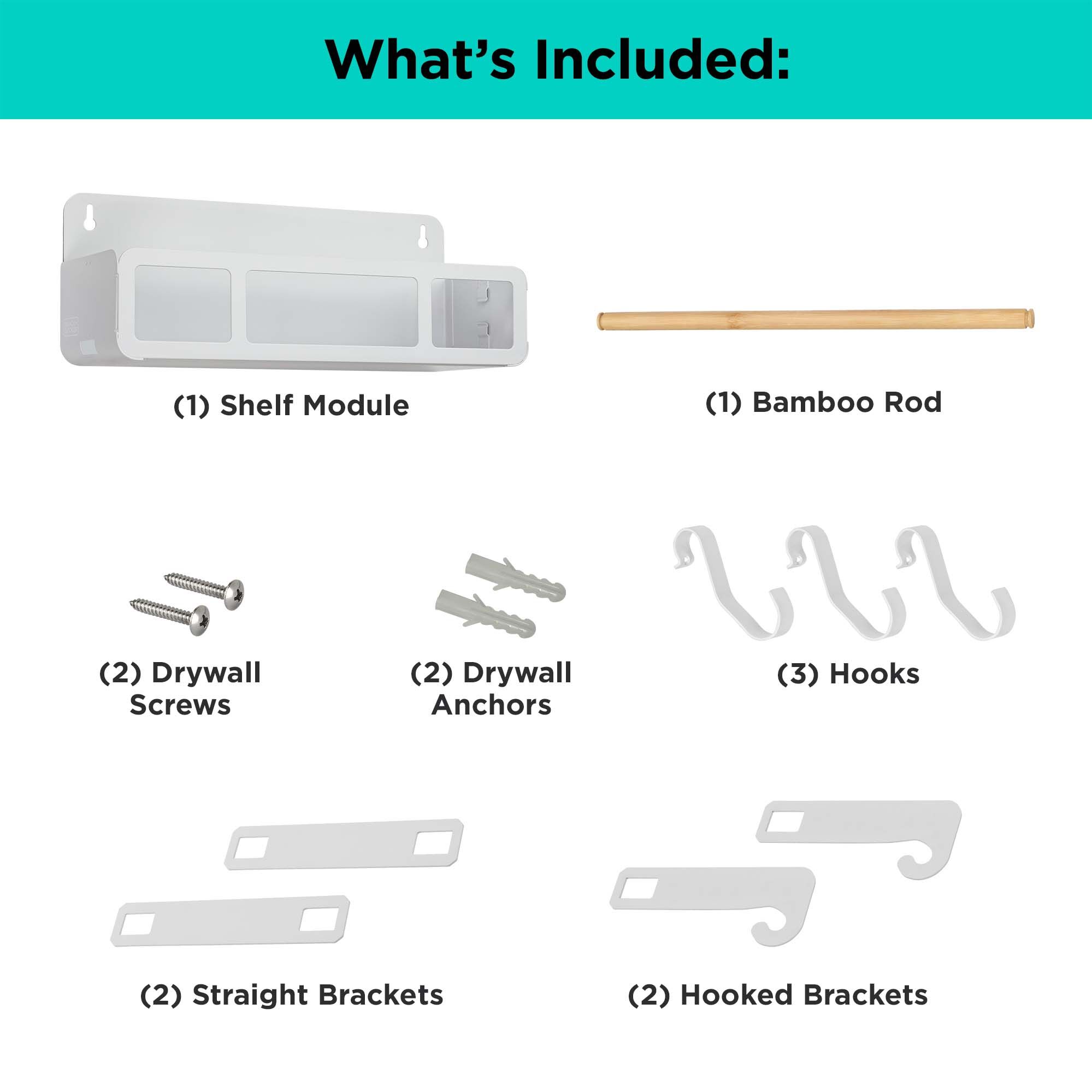 Items included in the BLACK+DECKER Hanging Rack Shelf Module in white