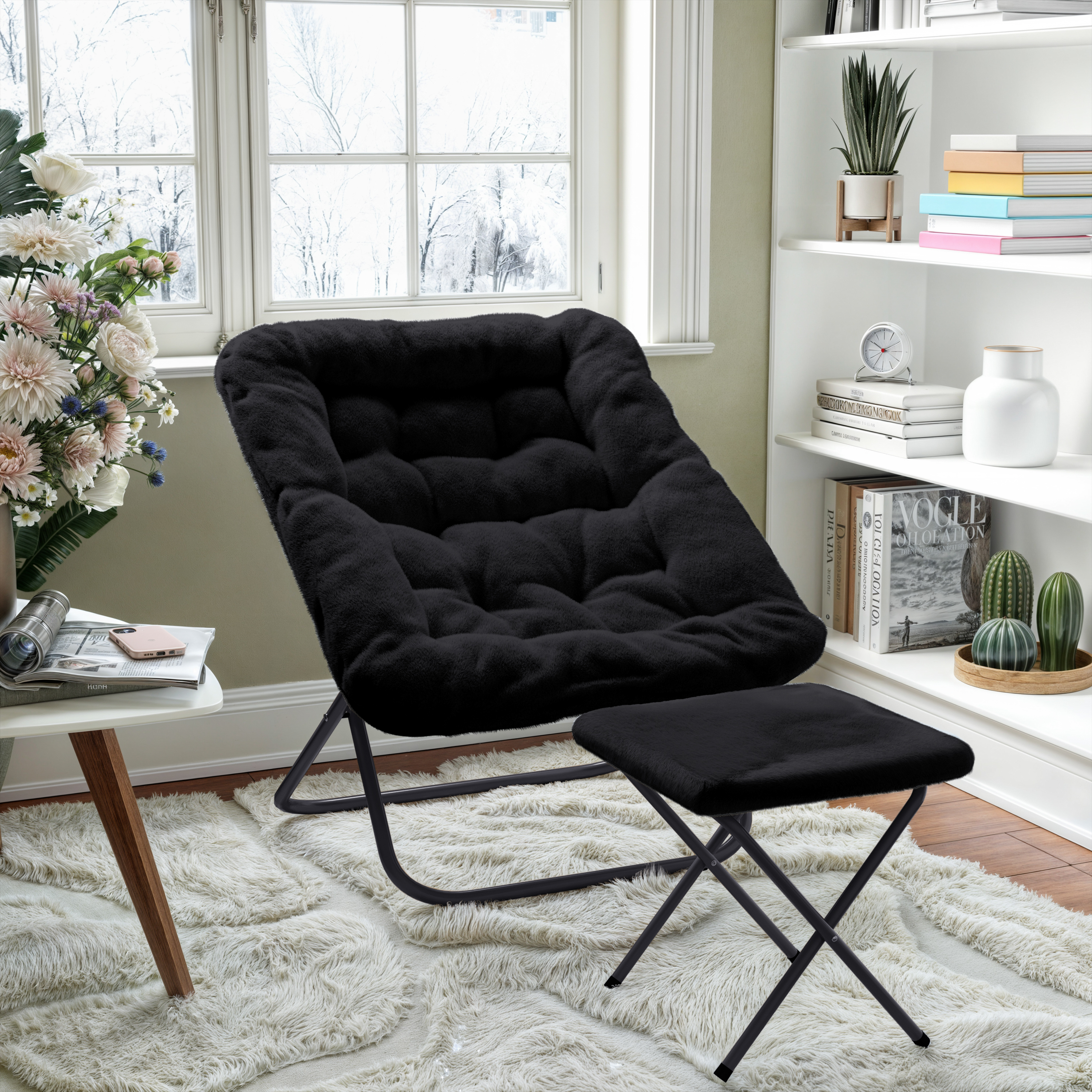 Archer 28" Oversized Portable Faux Fur Folding Saucer Chair with Folding Otto... - Picture 3 of 49