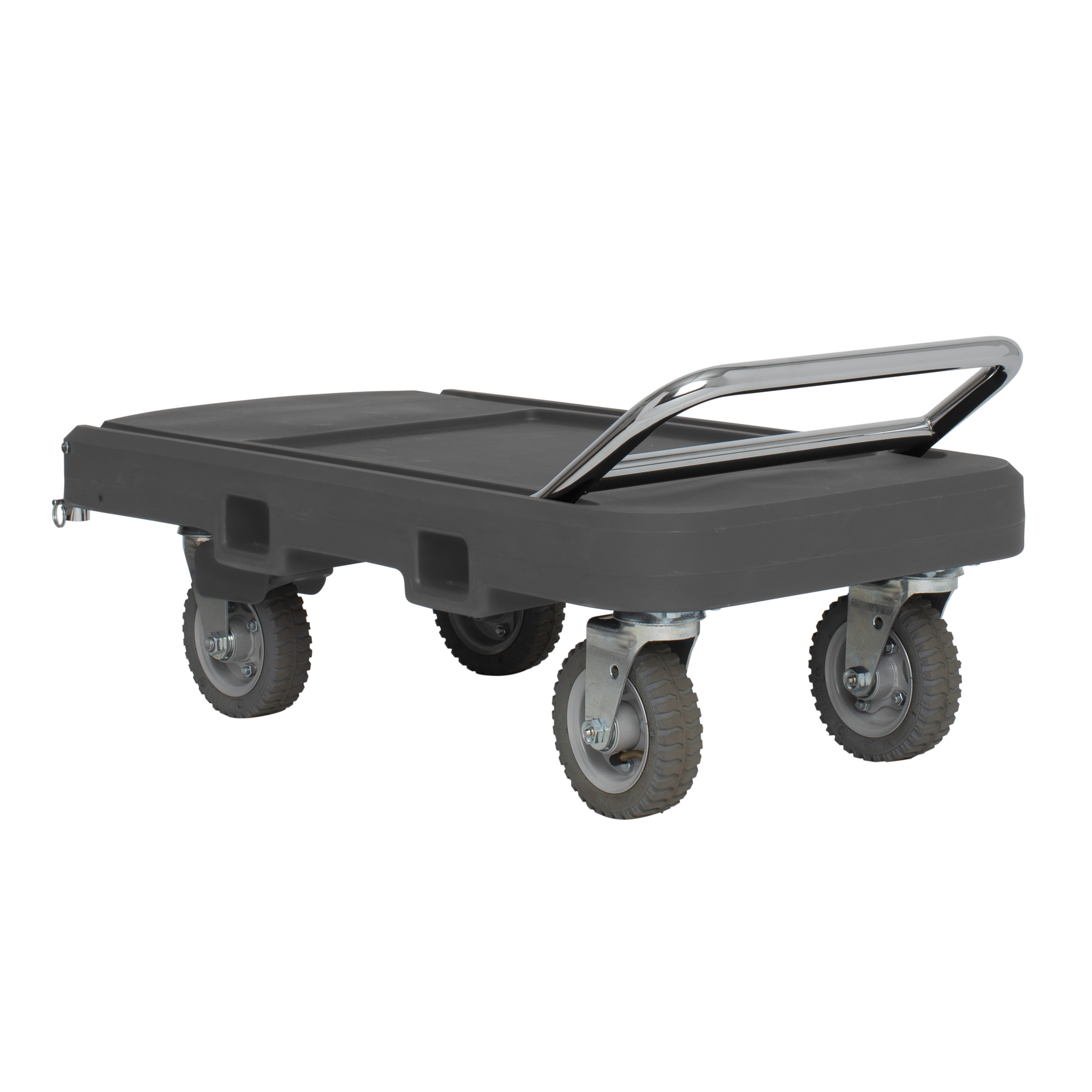 Flatbed utility dolly in dark gray with 6” pneumatic wheels, straps and