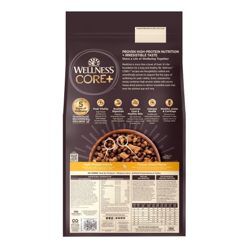 Wellness CORE+ Wholesome Grains Puppy Chicken with Freeze Dried Turkey back packaging