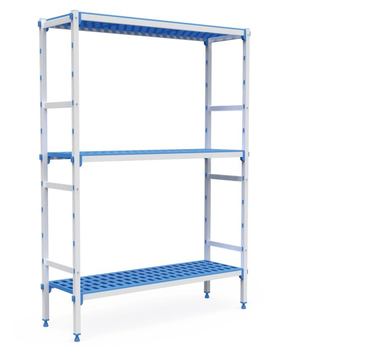 Kit d'étagères modulaires à trois niveaux cadre en aluminium anodisé avec étagères en polypropylène 1155 x 555 mm