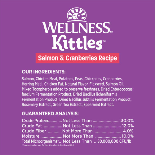 <p>Wellness Kittles Salmon and Cranberries Recipe<br />
is intended for intermittent or supplemental feeding only.</p>

