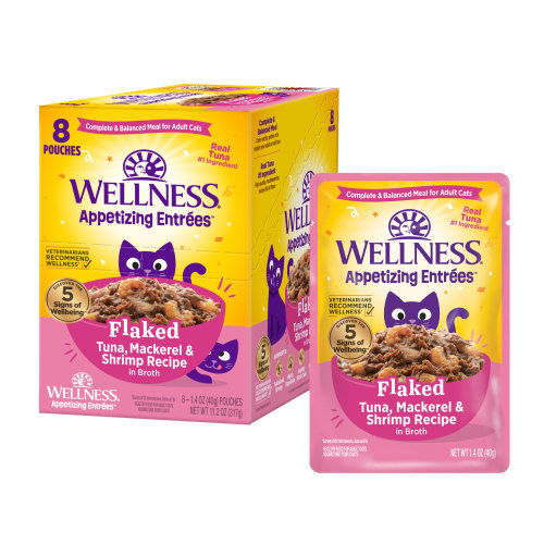 Wellness Appetizing Entrees Flaked Tuna, Mackerel & Shrimp Front packaging