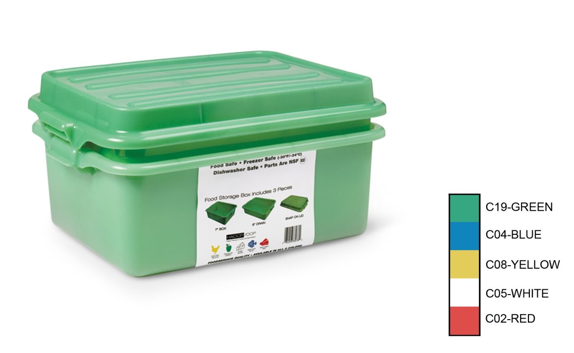 Traex® Color-Mate drain box set in green with 5-inch-deep perforated drain box, 7-inch-deep storage box, snap-on lid, and POS sticker