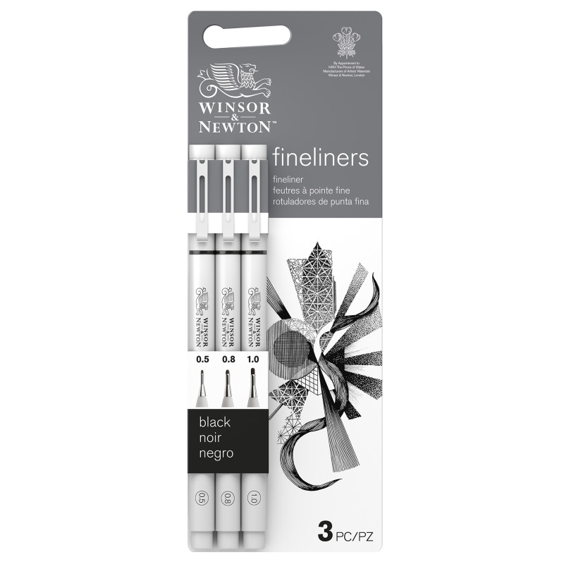 Fineliner Pens, Black, Assorted Sizes (0.5, 0.8, 1.0 mm), Set of 3