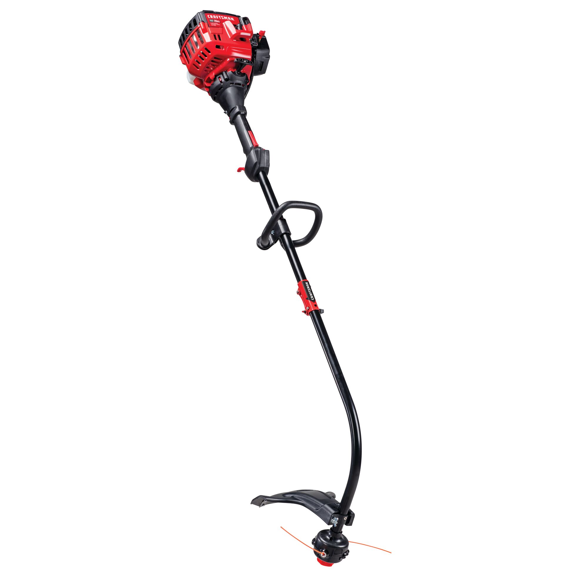 Left profile of 2 Cycle 17 inch curved shaft gas weedwacker trimmer.