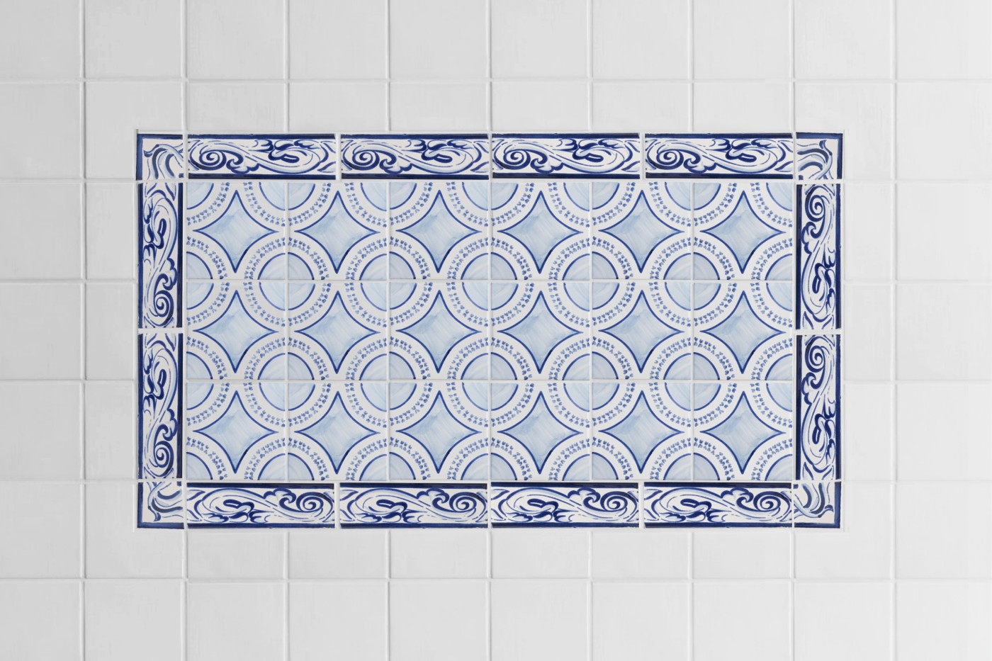 blue and white tiles arranged in a pattern.