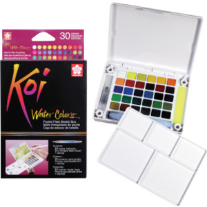 Koi Water Colors Field Sketch Box with Brush, 30 Colors