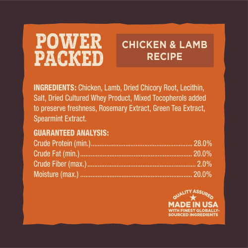 <p>Chicken, Lamb, Dried Chicory Root, Sunflower Lecithin, Salt, Citric Acid (preservative), Distilled Vinegar, Mixed Tocopherols (added to preserve freshness), Rosemary Extract, Green Tea Extract, Spearmint Extract</p>

