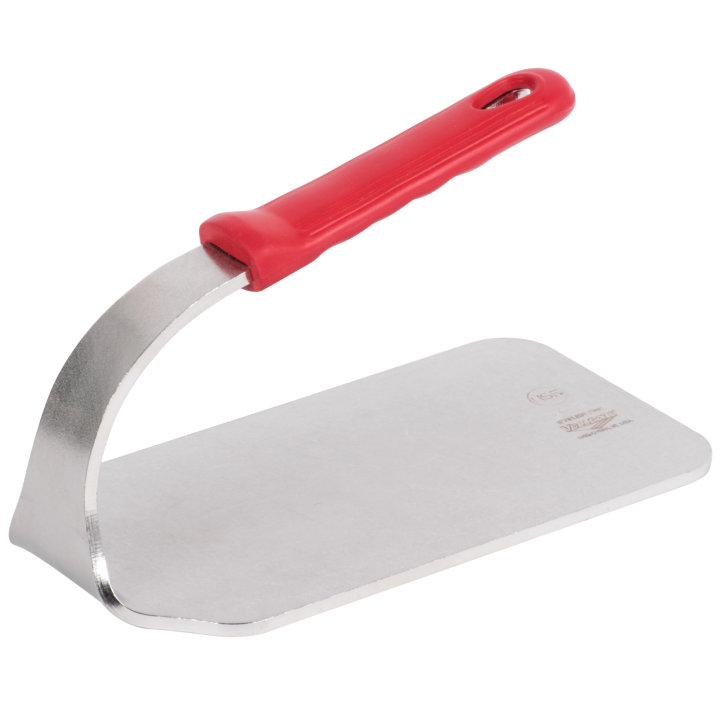 2 ½-pound flat-bottom stainless steel steak weight with red silicone handle
