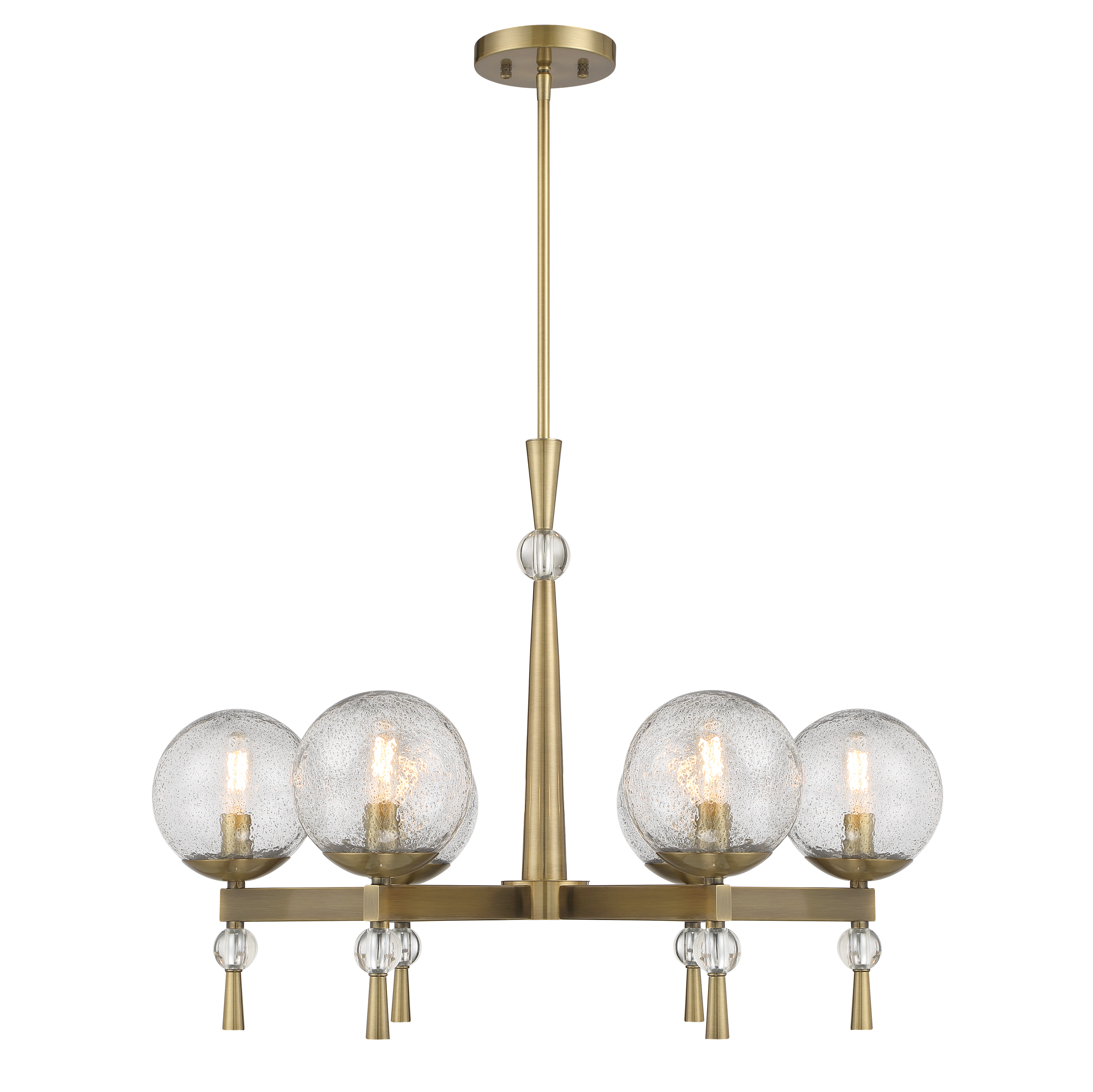 The Populuxe chandelier combines contemporary design with artisanal craftsmanship. Six candelabra lights illuminate through unique volcanic glass shades, while the oxidized aged brass finish adds warmth and character to modern spaces. - alternate view