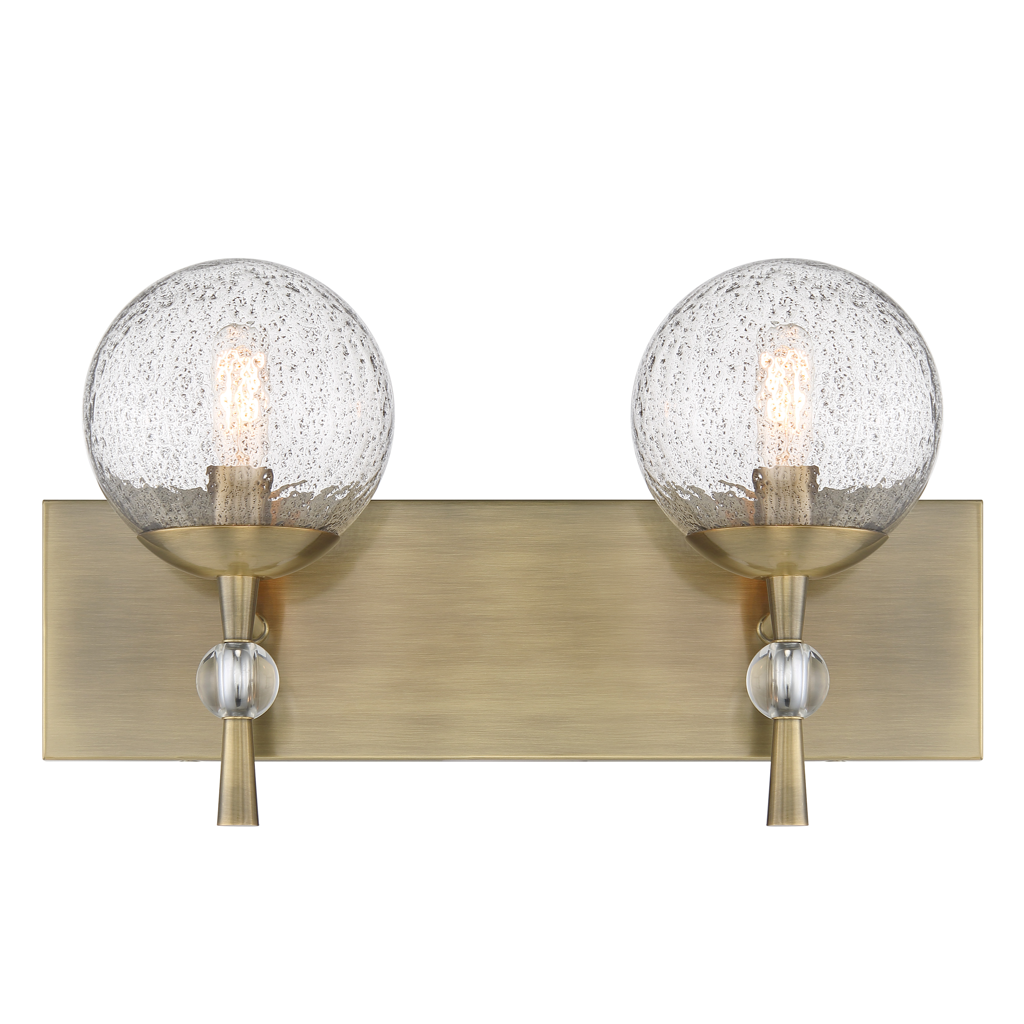 The Populuxe 2-Light Bath Lamp combines oxidized aged brass with distinctive volcanic glass shades for a sophisticated modern aesthetic. Perfect for contemporary bathrooms seeking statement lighting with artisanal character. - alternate view