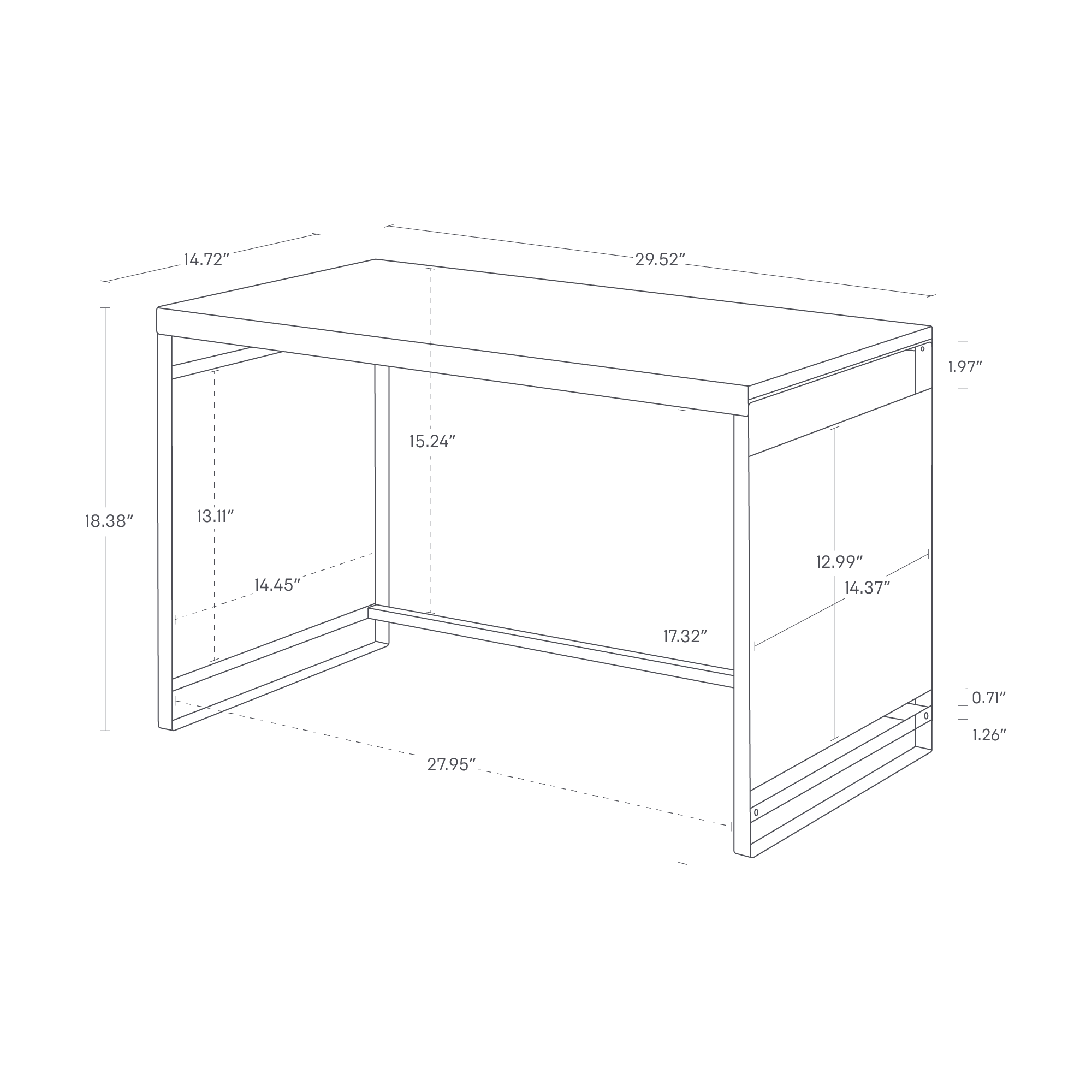 The image shows a kitchen appliance rack with a steel side panel. Dimensions: width is 29.52", depth is 14.72", and height is 18.38". Shelf gaps are 13.11", 12.99", and 15.24". Side panel heights are 14.45" and 14.37". Base is 27.95" wide, panel thickness is 1.97", and base trim is 0.71" and 1.26".