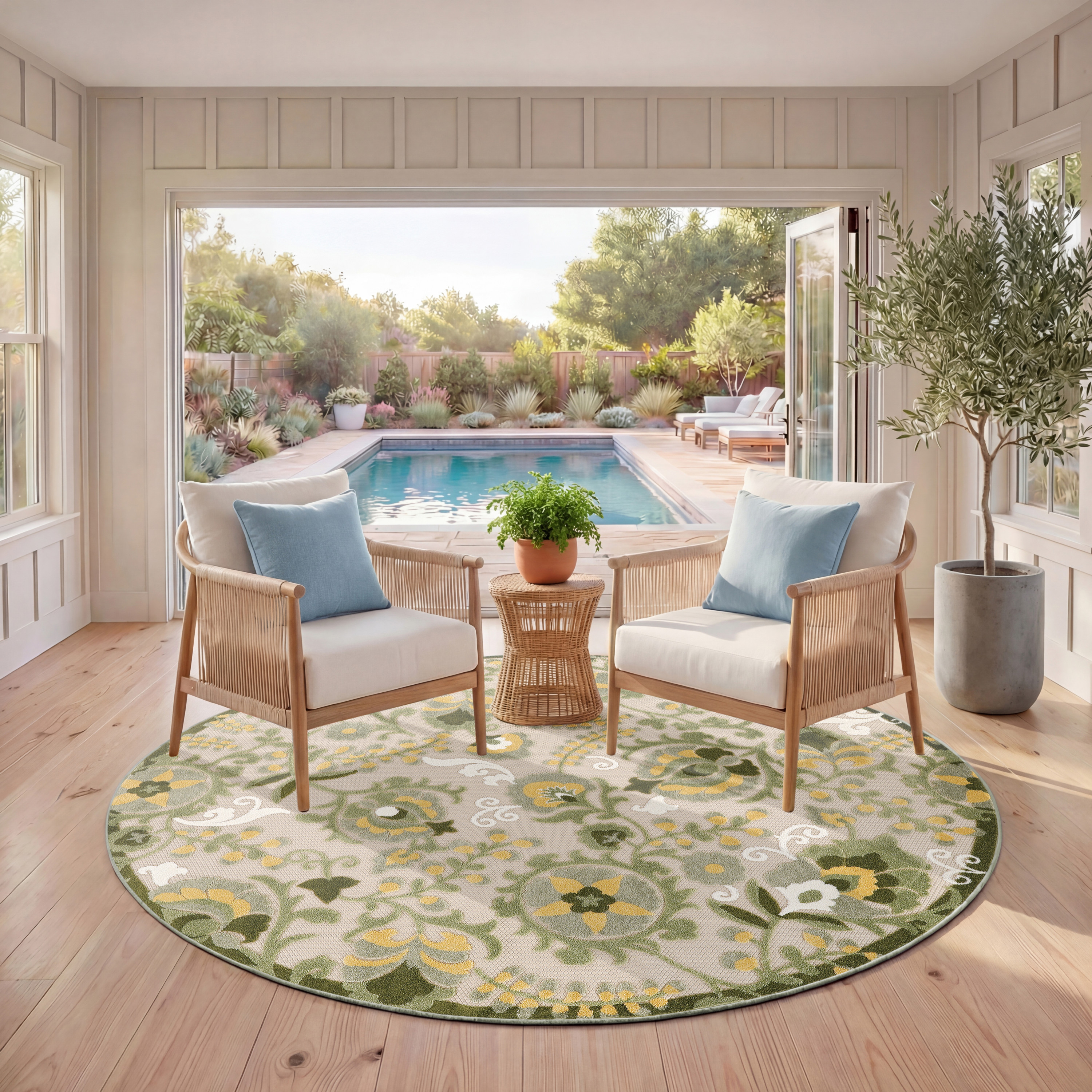 Nourison Aloha 5'3" x Round Ivory Green Outdoor Rug