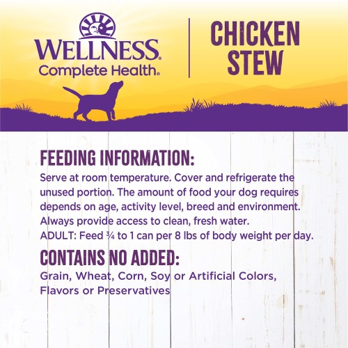 <p>Amount of food required will depend on activity, age, environment and breed. Feed at room temperature and refrigerate unused portion. Always provide access to clean, fresh water.  </p>
<p>Adult: Feed ¾ can per 8 lbs of body weight per day<br />
Combination Feeding: If feeding with Wellness dry food, reduce dry amount fed by 1/2 cup for every 6 oz of wet food.</p>

